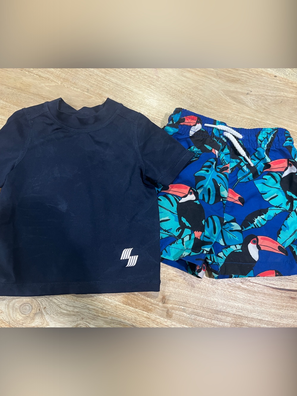 The Children's Place Navy Rash Guard & Blue Toucan Swim Shorts